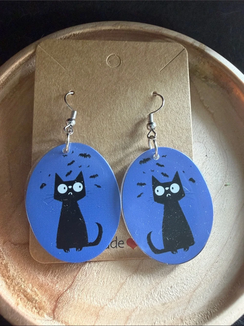 Handmade Blue Cat Earrings with Black Cat Design